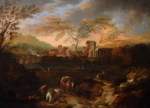 Paysage idyllique au coucher du soleil - Atelier de Johann H. Roos (1631-1685) - Tableaux et dessins Style Louis XIV